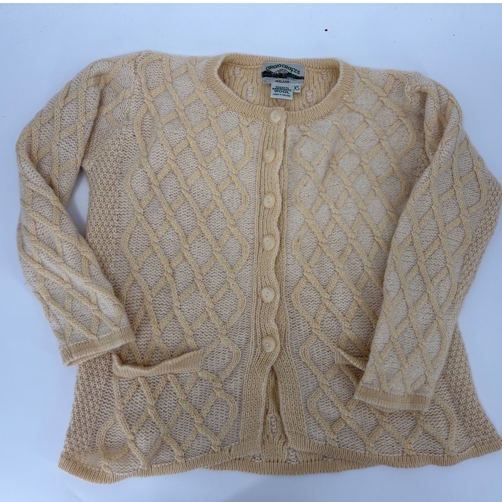 Aran Crafts Ireland 100% Merino Wool Cardigan Sweater Diamond Cable Knit XS